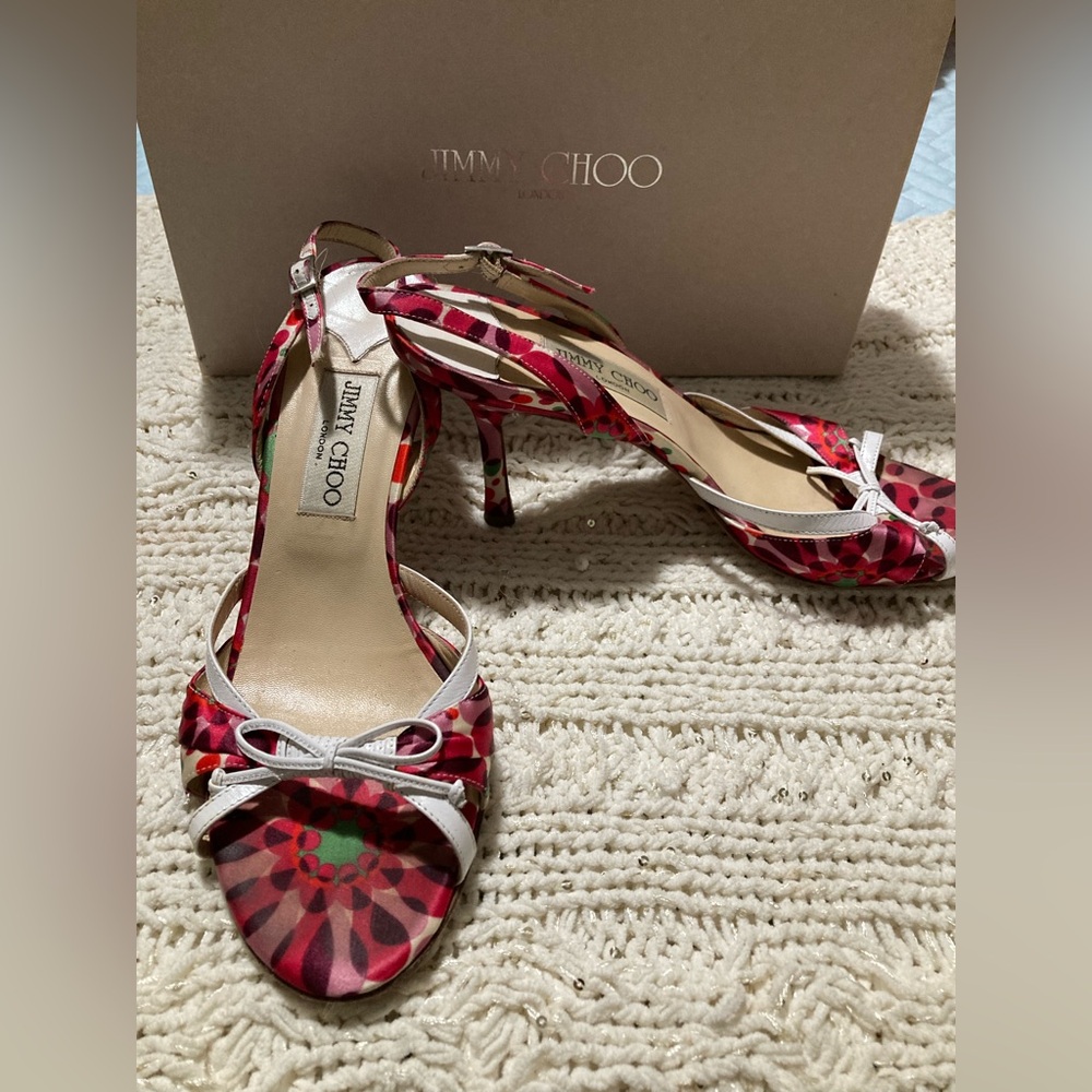 Jimmy Choo silk pink purple white size 38 1/2 strappy heels